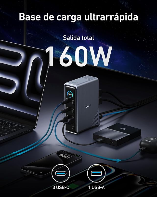 Anker prime port replicator 160w, 14 portas com saída máxima. 160 w, transferência de dados de 10 gbps, interface inteligente em tempo real, áudio e ethernet, tela dupla 4k para macbook dell mobile