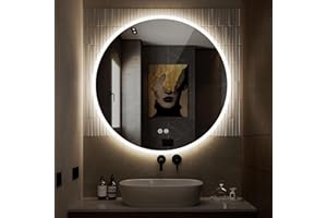 S·BAGNO 24'' Round Bathroom Mirror with Lights, LED Bathroom Vanity Wall Mirror with Anti-Fog, Stepless Dimmable, 3 Colors, T