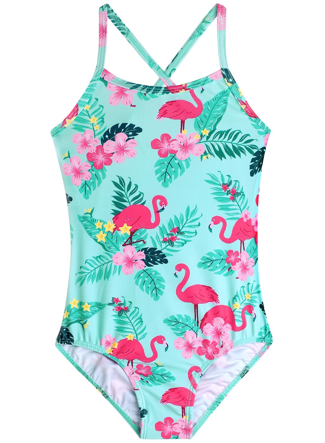 Photo 1 of Dolxico Girls Swimsuits Size 10-12 One Piece Flamingo Swimsuit Girls Bathing Suit Pool Kids Swimming Suits Summer Beach Girls Swimwear, Flamingo Floral Green, 160, Size 12