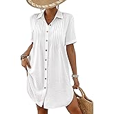 Bsubseach Swimsuit Coverup for Women V Neck Bathing Suit Cover Up Short Sleeve Causal Bikini Button Down Shirt