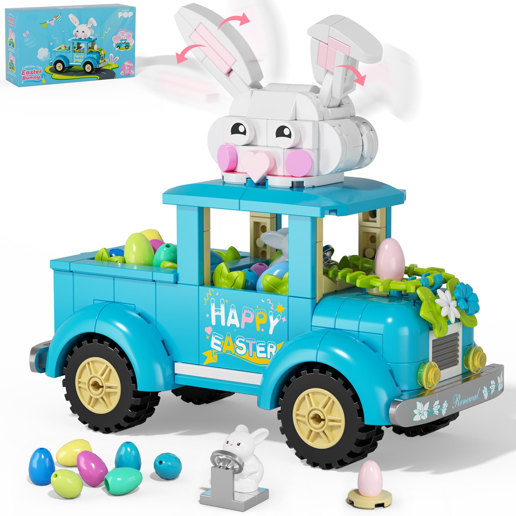 NexBrixxi Easter Bunny Egg Harvest Truck Building Toy Set - Cute Rabbit Driver Movable Ears & Rolling Wheels Creative, Removable Egg Easter Decoration Gifts for Kids Adults Boys Girls 8+
