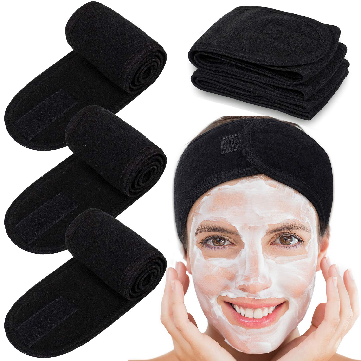 Whaline 4 PCS Spa Facial Headband Make up Hair Band, Terry Cloth Headband, StretchTowel for Sport Yoga Shower (Black)
