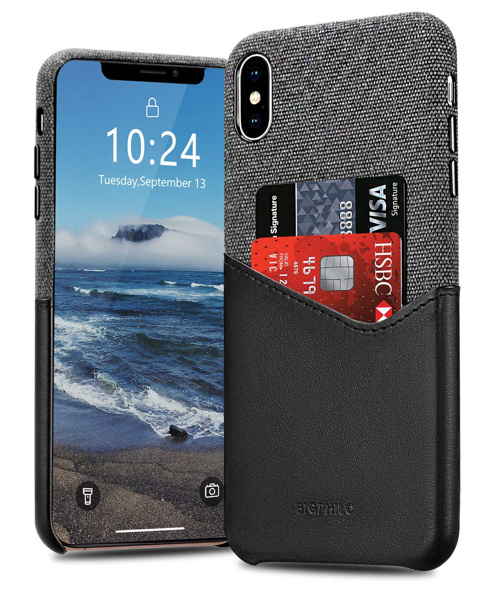 BIGPHILO Wallet Case for 6.5'' iPhone Xs Max 2018, Mix Series Soft-Touch Fabric Protective Cover with Synthetic Leather Card Holder/Slot Compatible iPhone Xs Plus - Black/Black