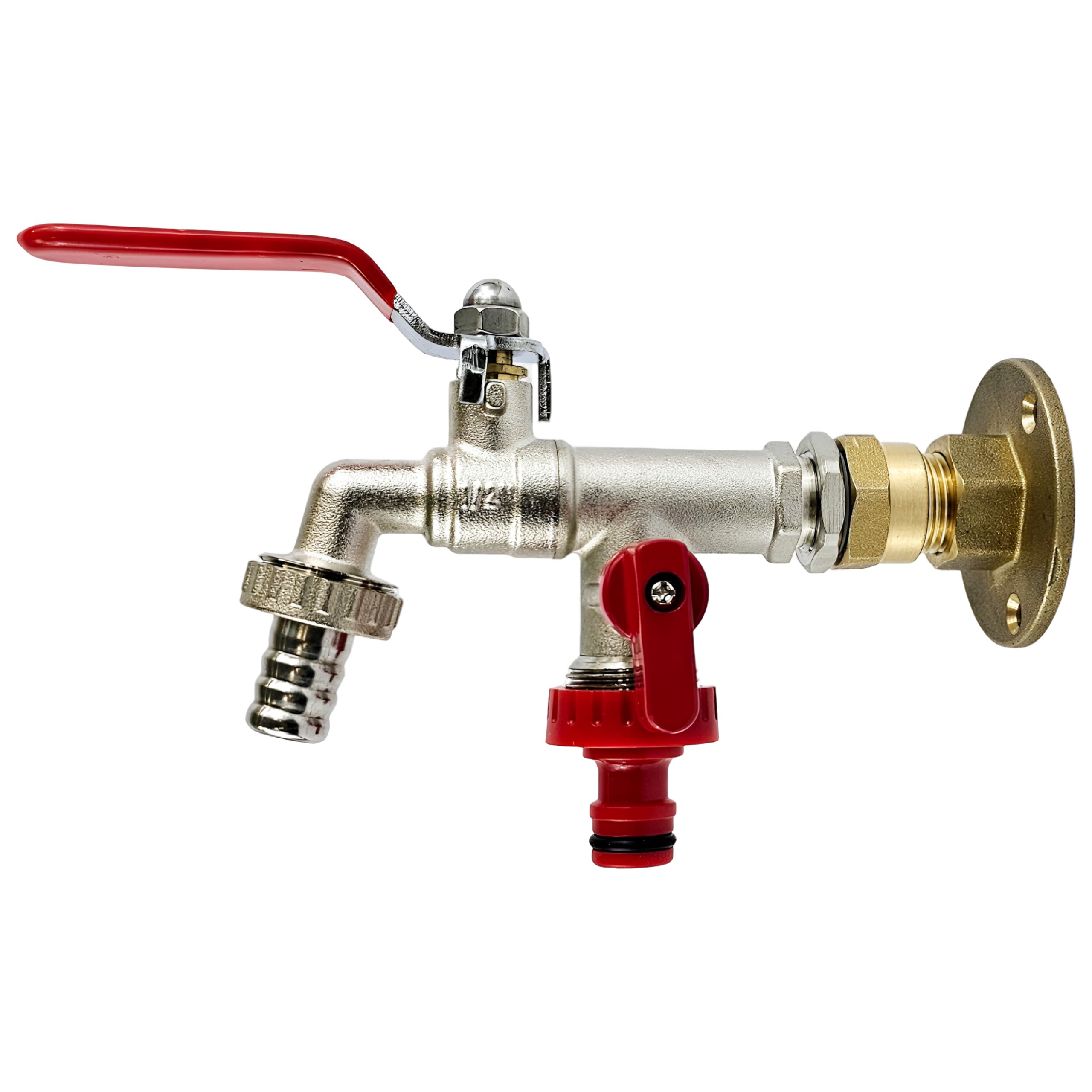 Outside 1/2 Garden Tap with Through The Wall Flange Bracket Set for 15mm Copper Or 15mm Plastic Pipe (Double Tap)