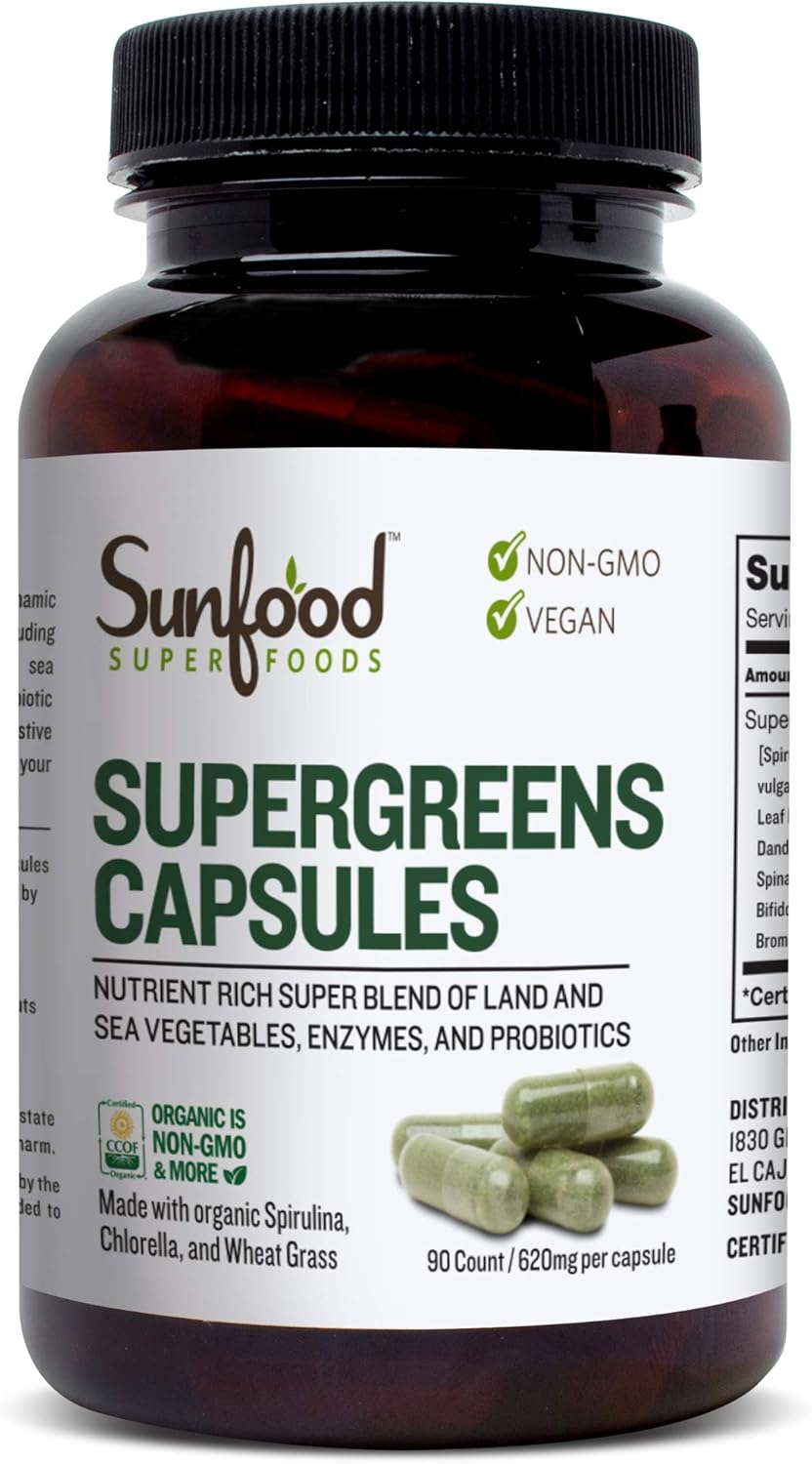 Sunfood Superfoods Supergreens Capsules. Nutrient Rich Whole Food Formula: 19 Green Superfoods, Probiotic and Enzyme Complex. 620 mg, 90 Count Bottle