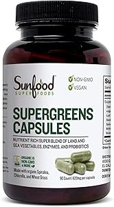 Sunfood Superfoods Supergreens Capsules. Nutrient Rich Whole Food Formula: 19 Green Superfoods, Probiotic and Enzyme Complex. 620 mg, 90 Count Bottle