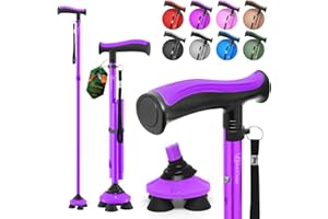 BeneCane Walking Cane for Men & Women Walking Stick for Seniors Folding Canes Quad Cane Adjustable Lightweight Sturdy Collapsible Heavy Duty with Soft TPR T-Handle and Travel Bag