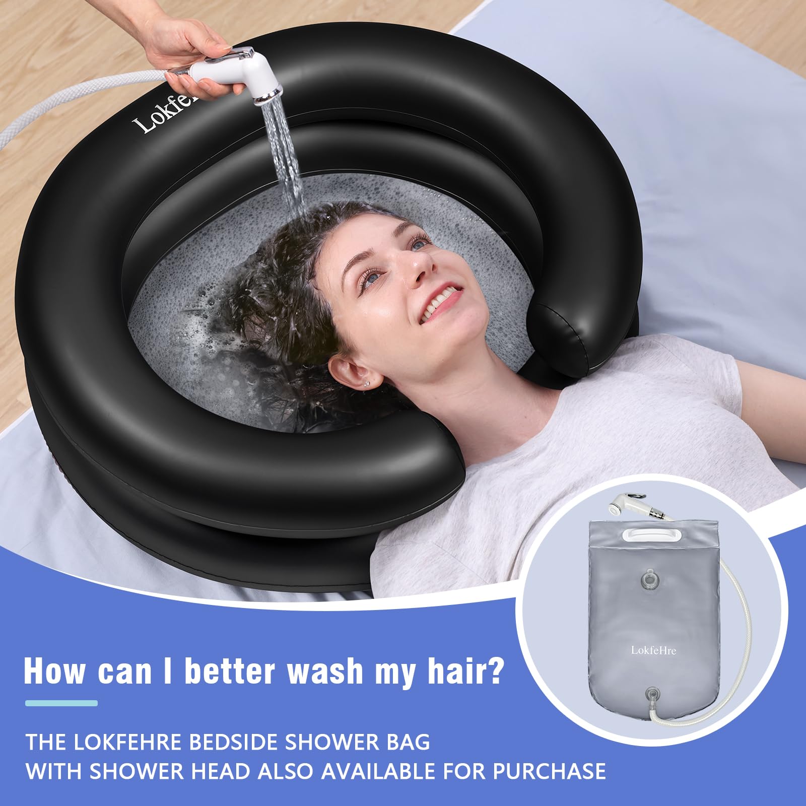Large Portable Inflatable Hair Washing Basin for Bedridden - Wash Hair in Bed with Inflatable Shampoo Bowl.For Elderly,Disabled,Injured,Ideal Inflatable Sink for Locs Detox (Black)