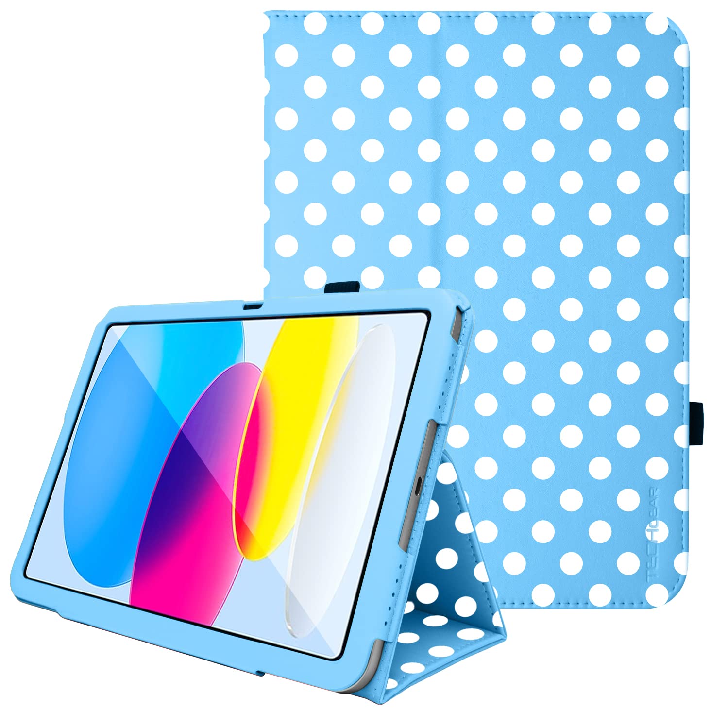 TECHGEAR Leather Case for Apple iPad 11th Gen (2025 A16) & 10th Gen (2022), PU Slim Folio Smart Cover with Stand, Hand Strap, Auto Sleep/Wake, for iPad 11" / iPad 10.9" [Blue Polka Dot] — image 1