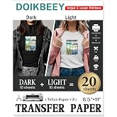 Heat Transfer Paper - 20 Sheets, 8.5" X 11" Mixed Iron On Transfer Paper | Printable HTV for Mixed Light &amp; Dark T Shirts Heat Transfer Vinyl for Inkjet Printer Iron on Transfer Paper for Cotton Fabric