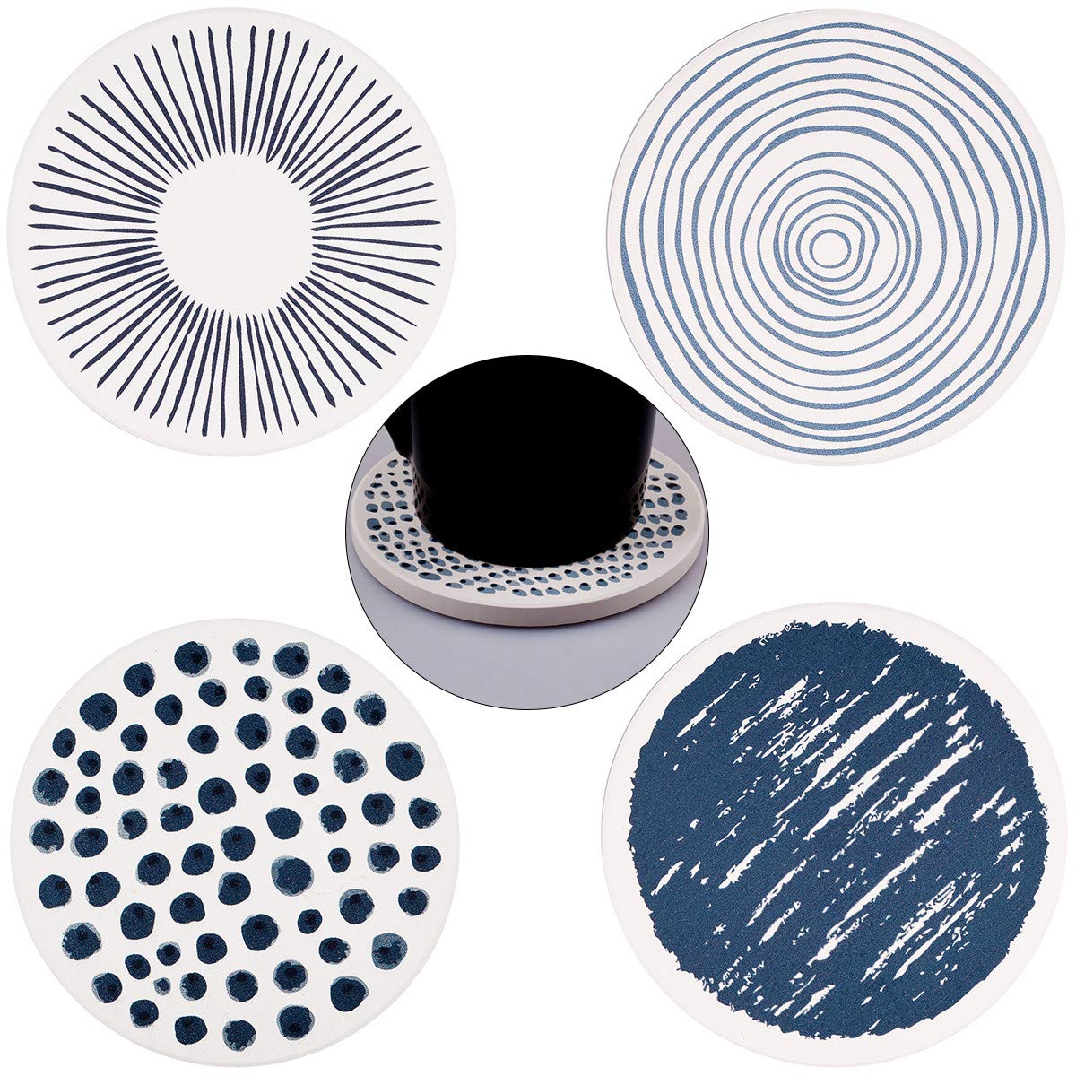 KYEYGWO Natural Diatomite Absorbent Coasters Set of 4, Round Drink Coasters with Cork Backing, Stone for Home Decoration