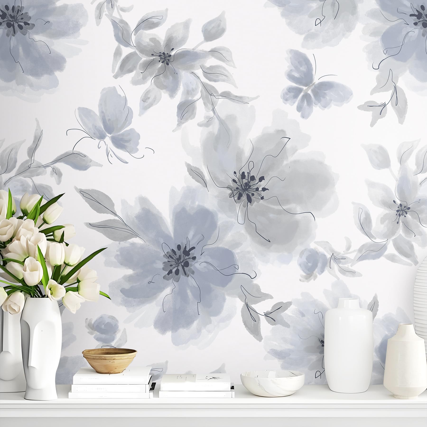 Photo 1 of Guvana 17.32"x197" Blue Floral Wallpaper Blue Peel and Stick Wallpaper Modern Contact Paper Vintage Watercolor Flower Self Adhesive Wall Paper for Bedroom Cabinets Decorative