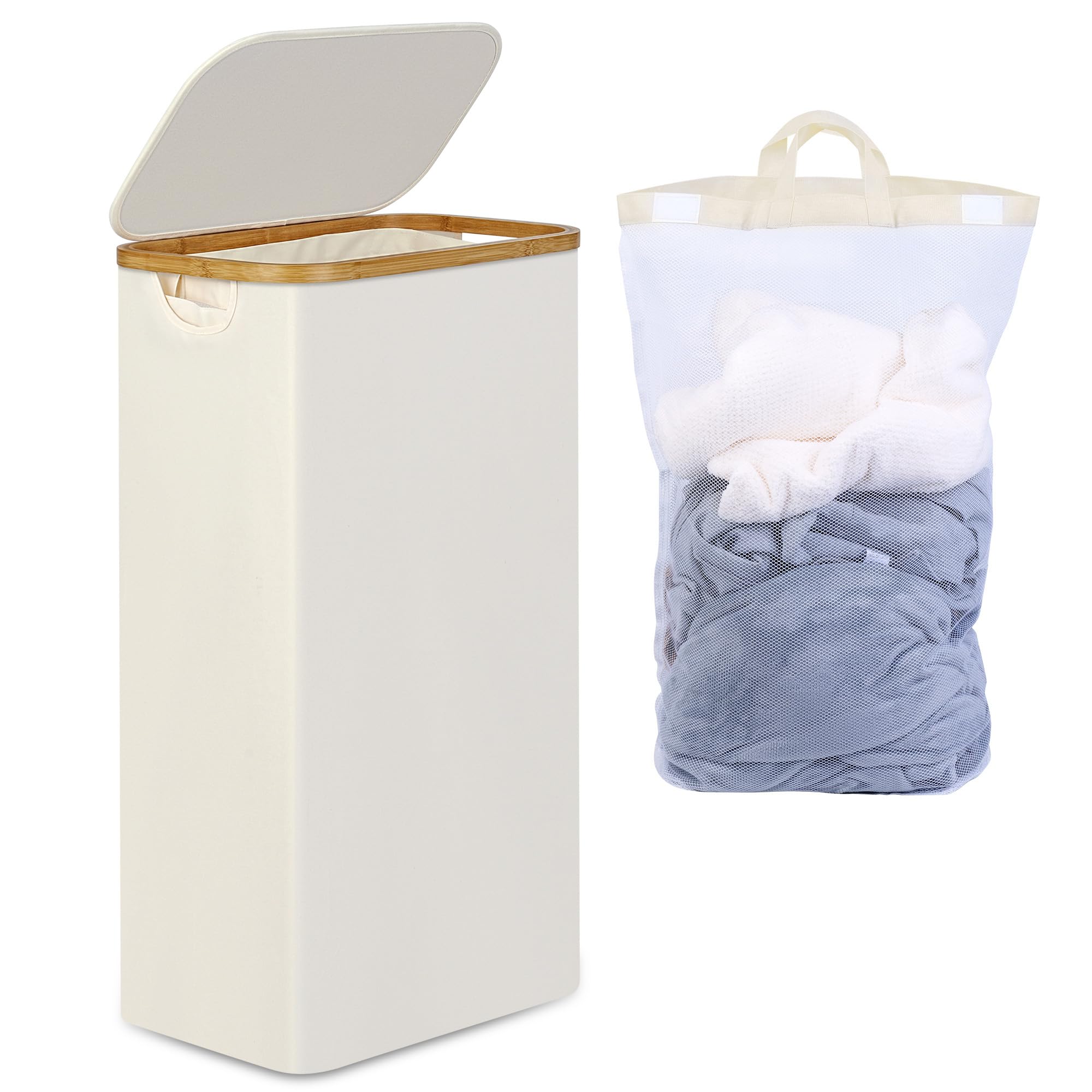 Photo 1 of efluky Slim Laundry Basket with Lid, Narrow Laundry Hamper with Removable Bag, Skinny Dirty Clothes Basket with Bamboo Handles for Bathroom, Bedroom & Laundry Room, 75L Beige