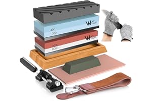 WUCGEA Knife Sharpening Stone Kit – 400/1000 3000/8000 Grit Wet Kitchen Whetstone Knife Sharpener Set with Non-slip Bamboo Rubber Base, Angle Guide, Flattening, Leather Strop and Cut Resistant Gloves
