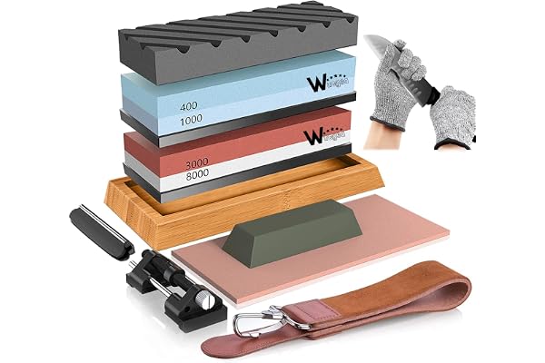 Knife Sharpening Stone Kit – 400/1000 3000/8000 Grit Wet Kitchen Whetstone Knife Sharpener Set with Non-Slip Bamboo Rubber Ba