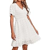 BTFBM Womens Beach Vacation Dress Summer 2026 V Neck Short Sleeve Smocked Swiss Dot Ruffle Casual Spring Mini Dresses