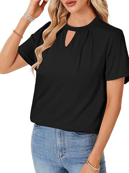 ROOSCIER WOMEN’S DRESSY CASUAL BLOUSES PLEATED KEYHOLE SHORT SLEEVE WORK SHIRTS TOPS BLACK MEDIUM