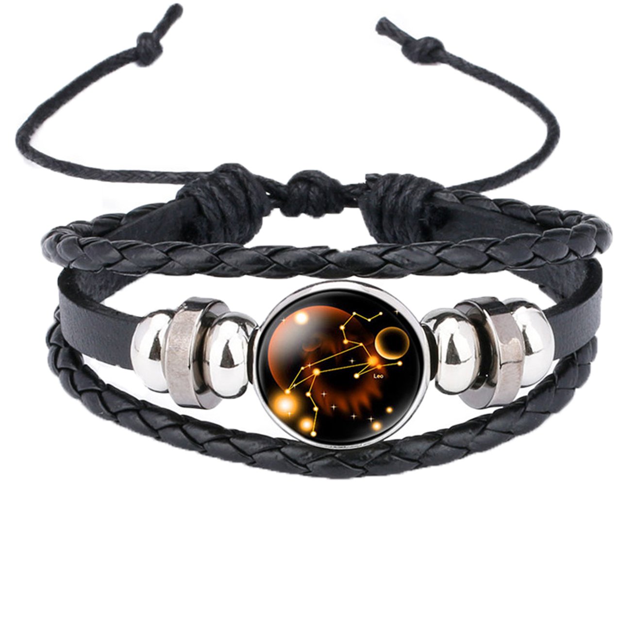 Caimeytie Braided Bracelet Adjustable Constellation Signs of Zodiac Clear Glass Charm Time Gems Serie-Leo