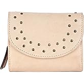 VILENCA HOLLAND 4.5 inch Genuine Italian Leather Boho Studded Trifold Double Flap Closure Wallet – Zipper Coin Purse & Credit Card Holder for Women (Beige)
