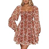 Aisbei Women's Square Neck Puff Sleeve Babydoll Dress Backless Casual A-Line Short Mini Dresses