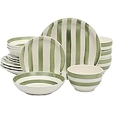 Gibson Home Kenwood Shores 16 Piece Dinnerware Set, Green Striped, Hand-Painted Stoneware, Plates and Bowls, Service for 4, Microwave & Dishwasher Safe