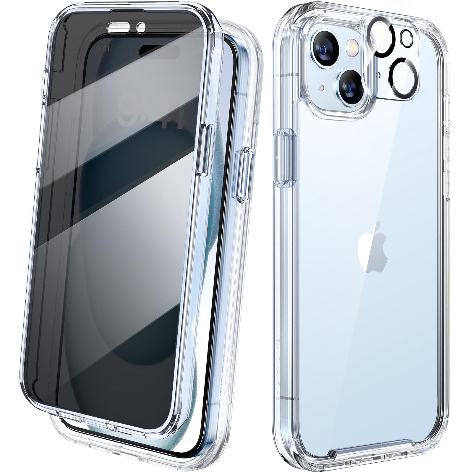 diaclara designed for iphone 15 case, full body rugged case with privacy built-in touch sensitive anti-scratch screen protector, with camera lens protector for iphone 15 6.1", clear clear-privacy iphone 15
