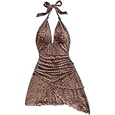 Verdusa Women's Vintage Leopard Print Layered Halter Dress Floral Asymmetrical Ruched Backless Mini Dress