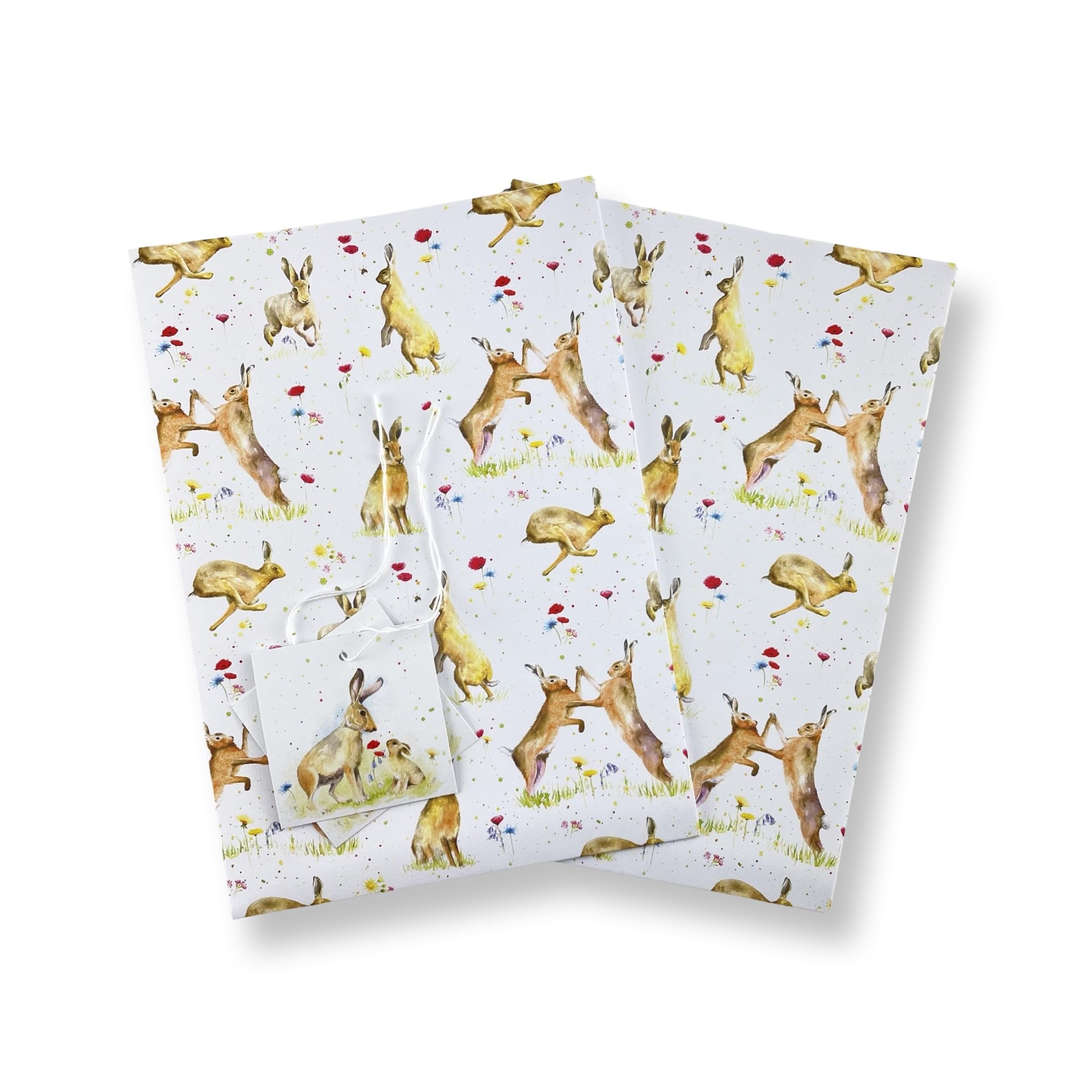 Hare and Wild Flower Recycled and Recylable Gift Wrapping Paper, 2 Sheets and 2 Tags - Birthday Present - Christmas - Crafting