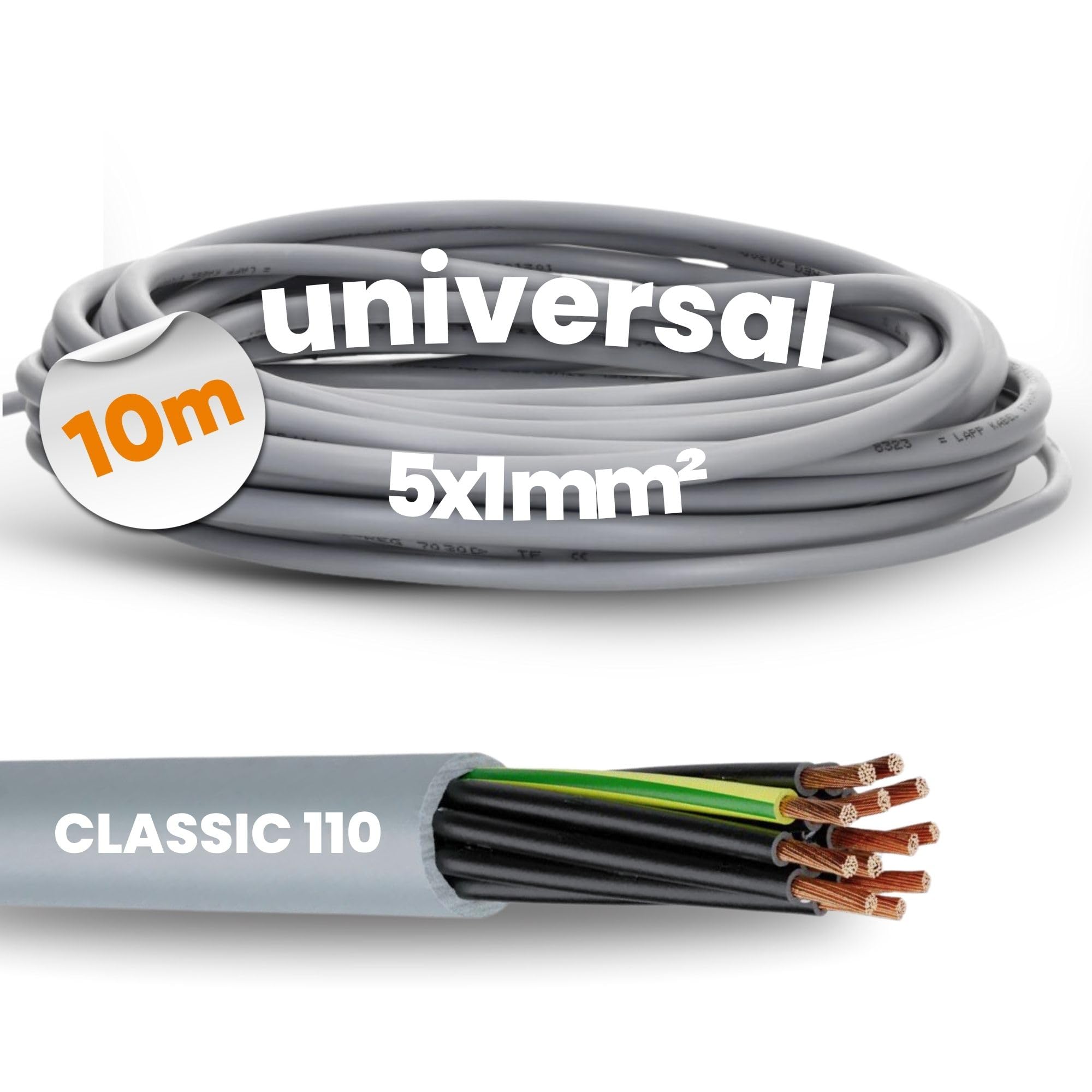 10 m Lapp 1119205 Ölflex Classic 110 PVC Control Cable 5 x 1 mm² with Green/Yellow Protective Conductor, 5G1.0 mm², Sheathed Cable 5-Core