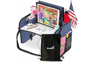 ZEAZU Kids Travel Tray with Bag - Toddler Car Seat Tray, Foldable Lap Travel Table Desk with iPad Holder, Drawing Board, Storage Pocket Organizer for Child Road Trip, Car Stroller, Airplane - Blue