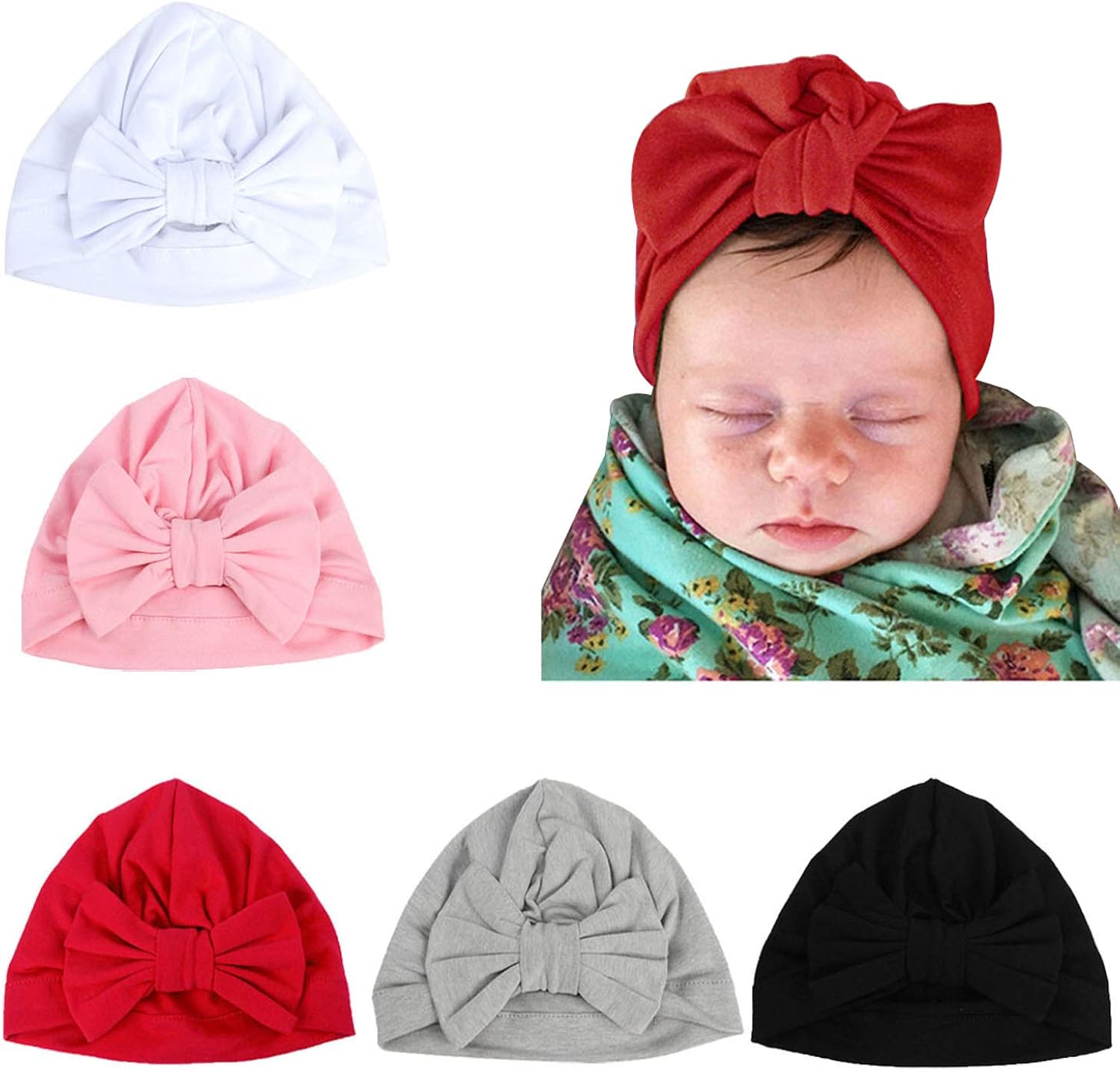 LERTREE 5 Pack Baby Solid Knot Hats Baby Girls Toddler Turban Bow Cap Infant Head Cap: Clothing