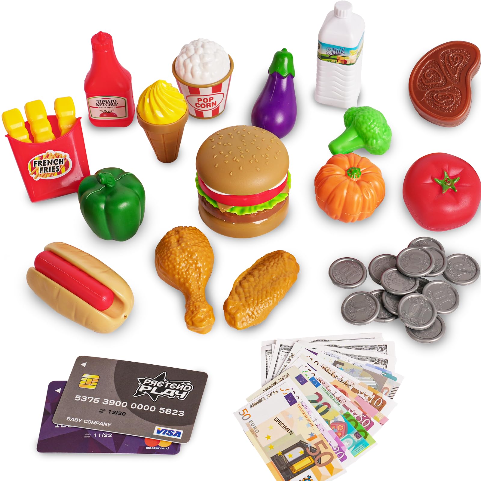 Pretend Play Toys for Kids, Play Money, Grocery Food, Vegetables, Hamburger, Birthday Christmas Toy Gifts for 3 4 5 6 7 8 Years Old