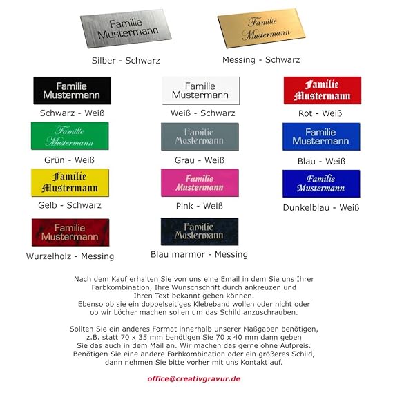Türschild, Klingelschild, Namensschild, Briefkastenschild, Pokalschild, Gravurschild - 15 Größen - 41 Schriften, Größe:70 x 2