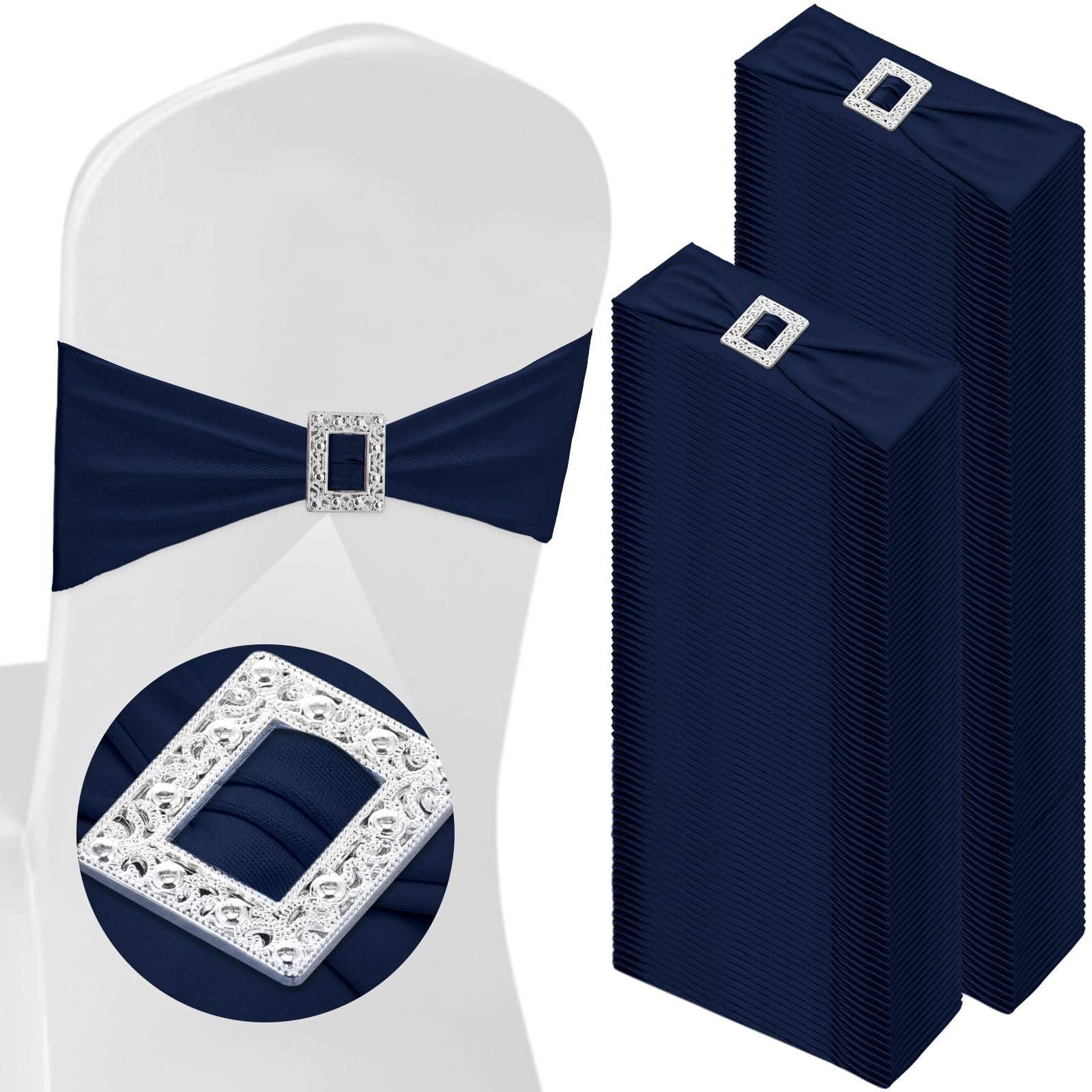 Photo 1 of VitalCozy 150 Pcs Spandex Chair Sashes with Square Buckle Slider Stretch Chair Cover Band Universal Elastic Ties Straps Bows for Wedding Banquet Event Party Decoration(Navy Blue)