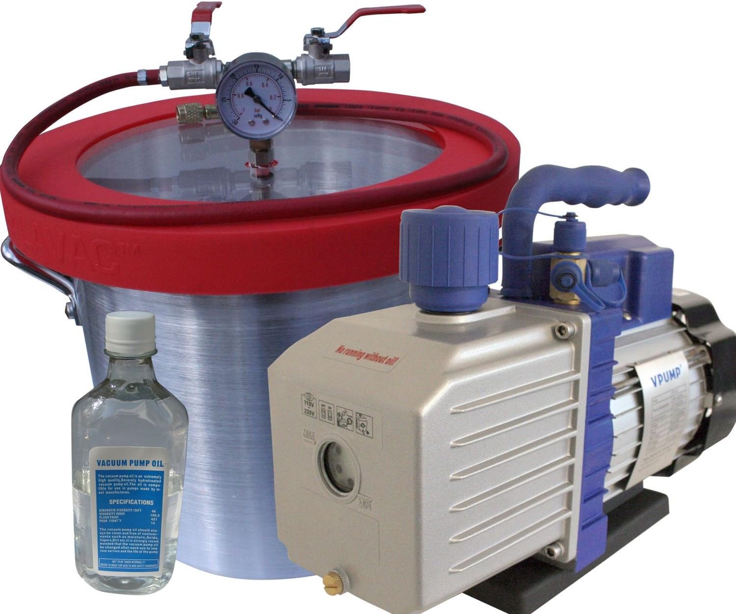 SEALAVAC Vacuum Chamber 15L, Aluminium 285mm Ø x 250mm H + Hose 8CFMD 4D Pump