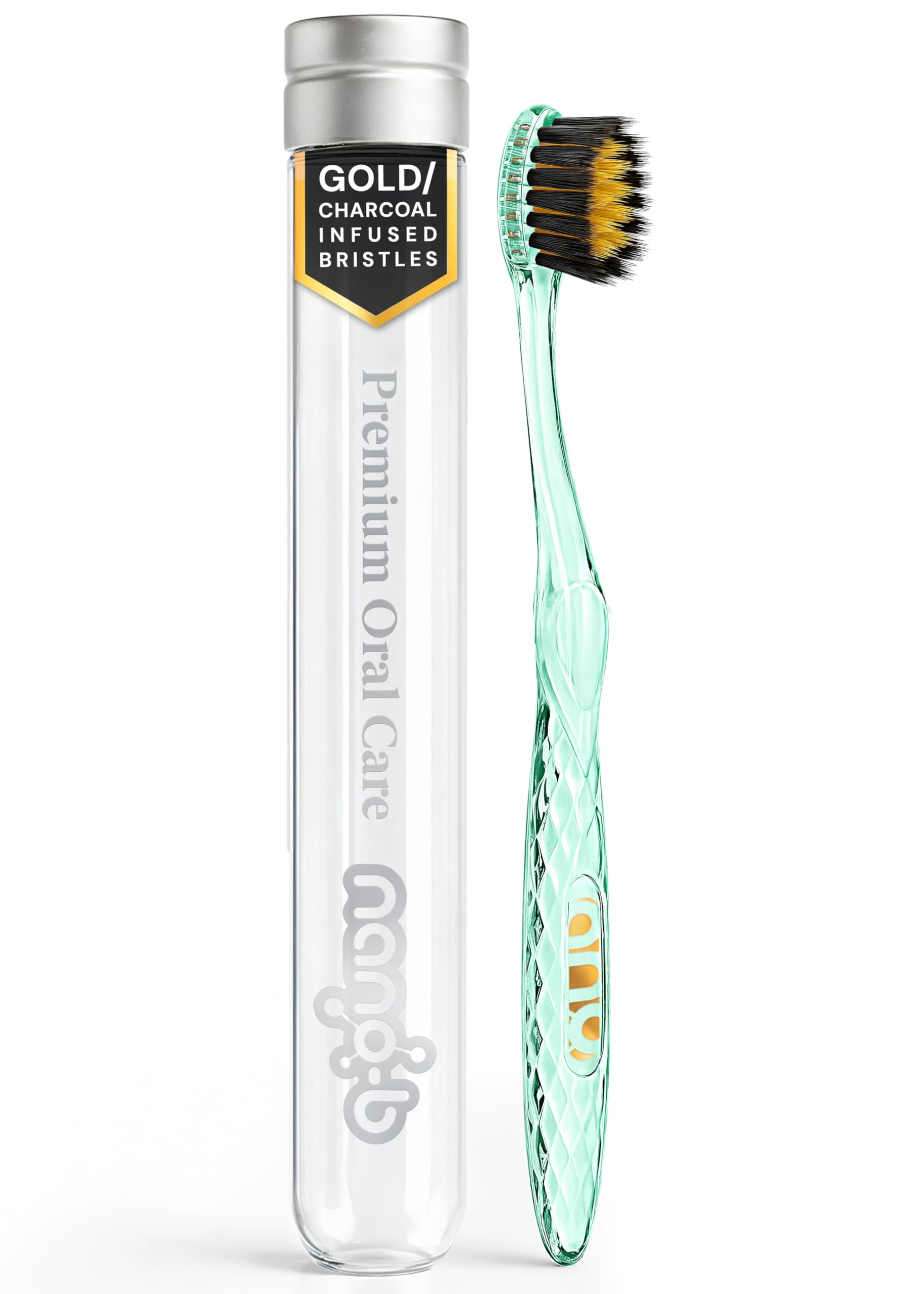 Nano-b Manual Toothbrush for Adults with Sensitive Gums, Gold & Charcoal Soft/Medium Bristles, Travel Case, Green