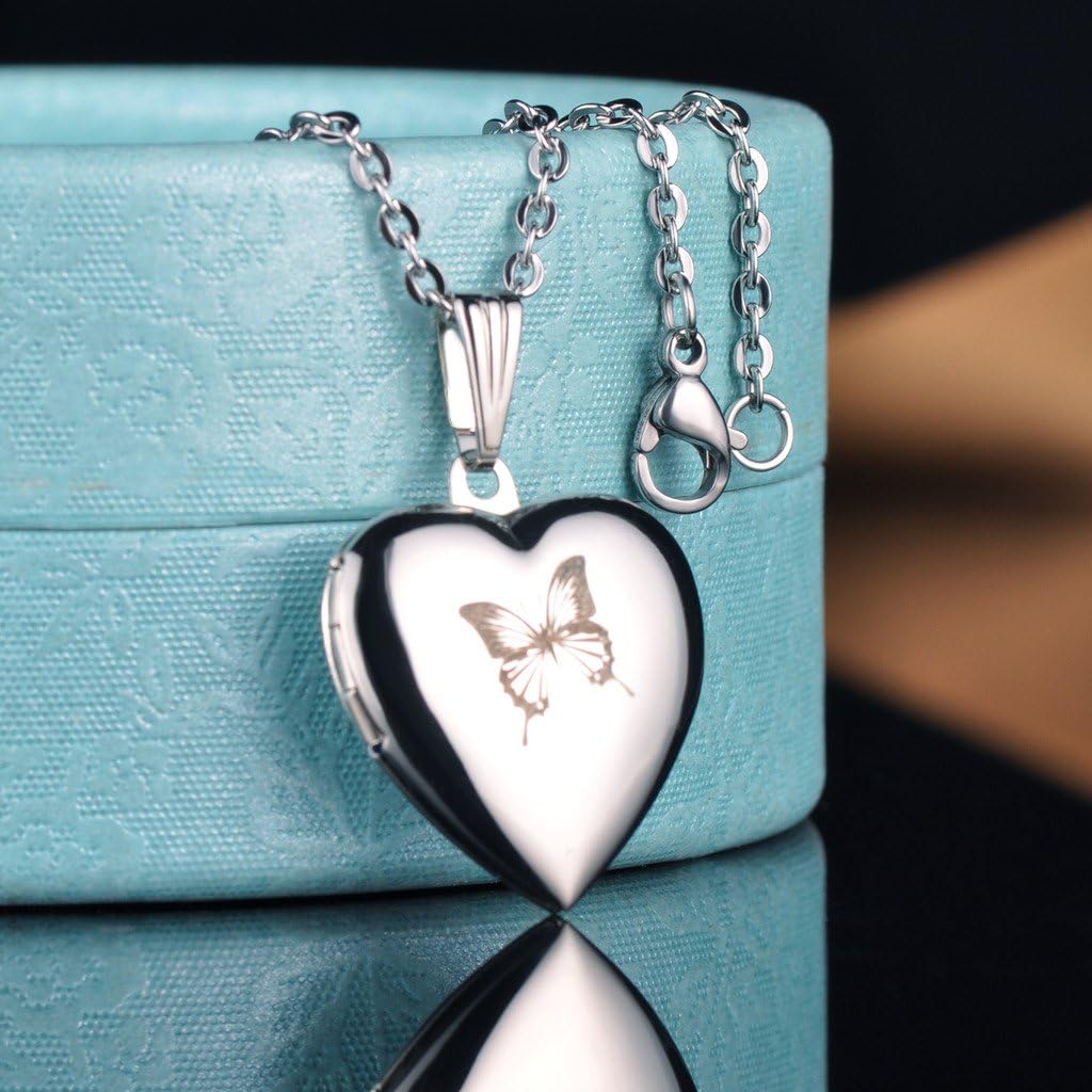 Yumilok Stainless Steel Butterfly Photo Locket for Opening Photo Pictures Amulet Silver Pink Blue Heart Pendant Necklace Pendant for Women Girls 2.1 cm x 2.3 cm - Image 4