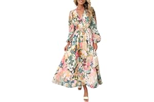Maxigerui Women's Long Sleeve Boho Maxi Dress Floral Print Long Dress Pink Print