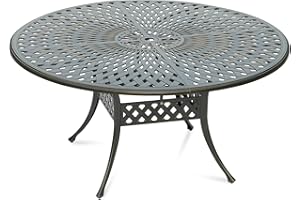 MEETWARM Outdoor 61" Round Patio Dining Table, All Weather Cast Aluminum Large Patio Furniture Table Fits for 6-8 Person with 2" Umbrella Hole, Dark Bronze