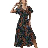 Women's Boho Summer Wrap Midi Dress - Palm Leaf Floral Print V-Neck Ruffle Short Sleeve Casual Beach Vacation Dress