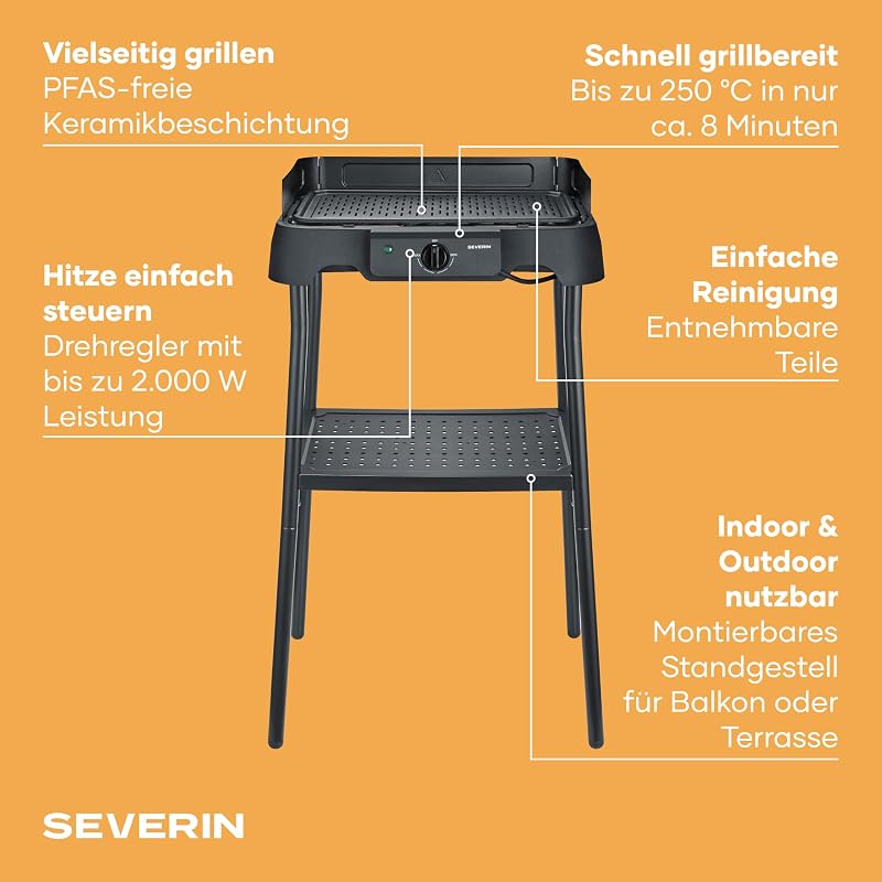 Tischgrill mit Standfuß, Standgrill & Tischgrill (Innen- & Außennutzung), Balkon & Küche, Temperaturen 40-220°C, schnelles Aufheizen, 39x23cm, leichte Reinigung, 2000W, schwarz, PG 8596