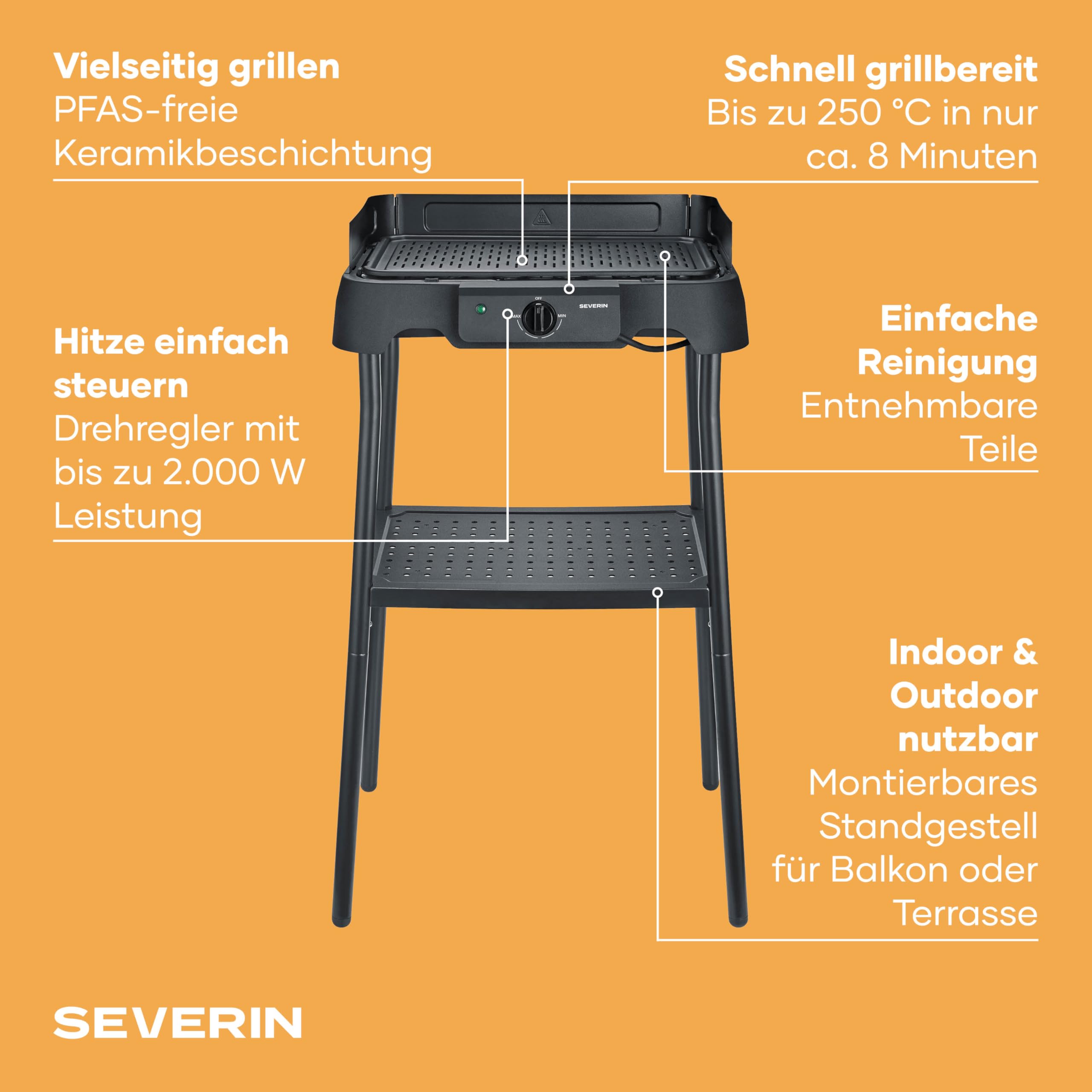 Tischgrill mit Standfuß, Standgrill & Tischgrill (Innen- & Außennutzung), Balkon & Küche, Temperaturen 40-220°C, schnelles Aufheizen, 39x23cm, leichte Reinigung, 2000W, schwarz, PG 8596