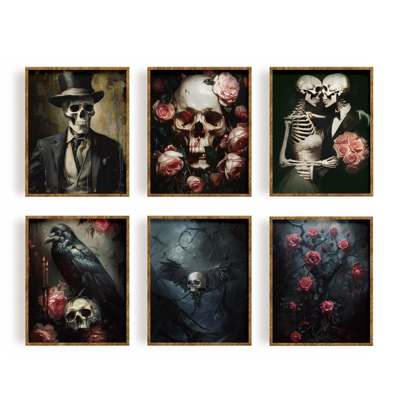 FREEBLOSS 6pcs Gothic Skeleton Floral Wall Art Posters, Unframed, 8x10in/20x25cm, Bedroom, Living Room, Bar