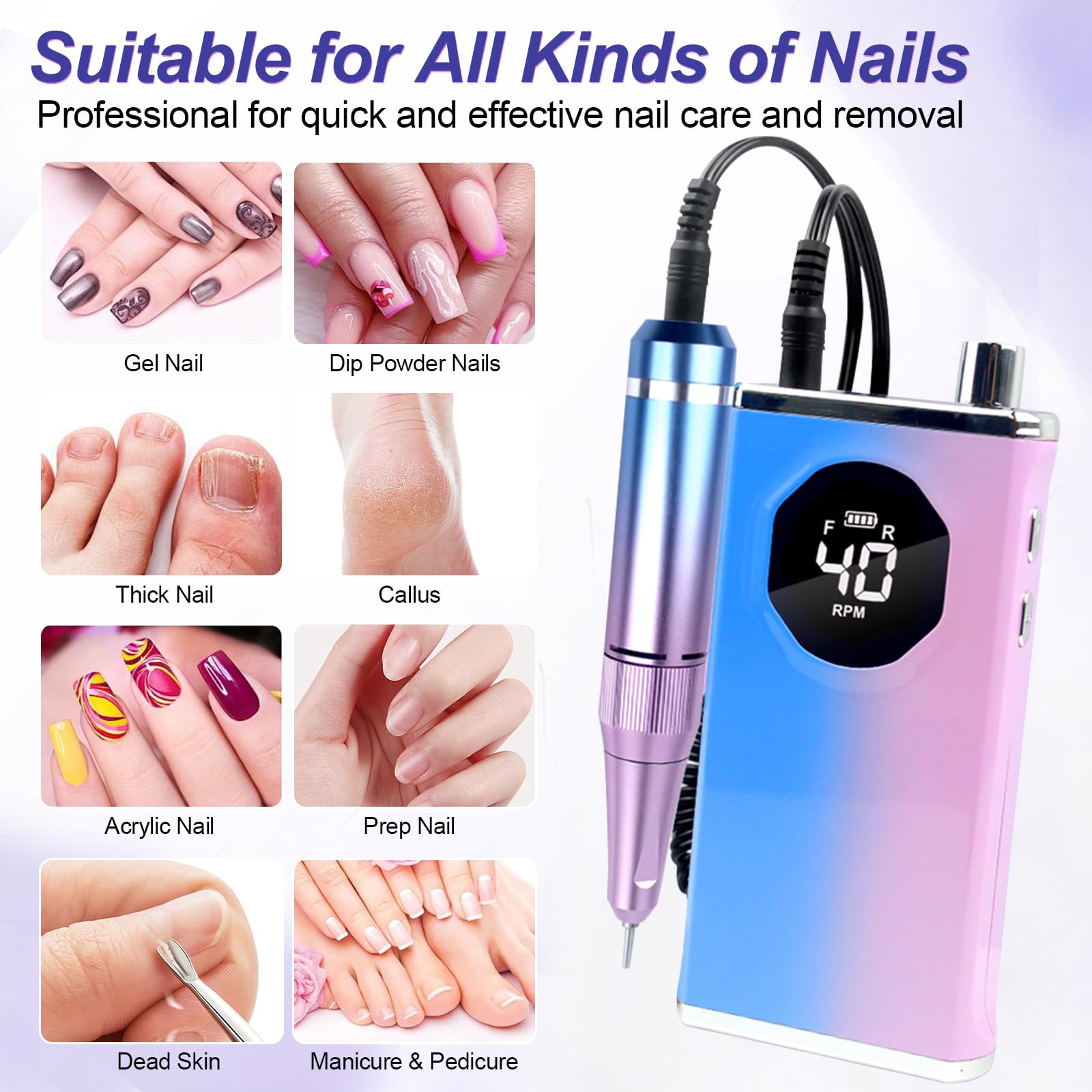Electric Nail Drill File Professional 40000 RPM, Melodly Rechargeable Electric Nail File Machine Kit for Acrylic Gel Nails Polishing Removing, Portable Cordless Efile with Gold Bits Kit at Salon Home - Image 4
