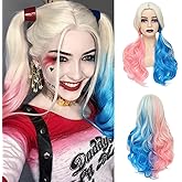WECAN Pink and Blue Long Curly Wigs for Women - Cosplay & Halloween Party - Synthetic Fibers - Suicide Squad Harley Quinn Wig