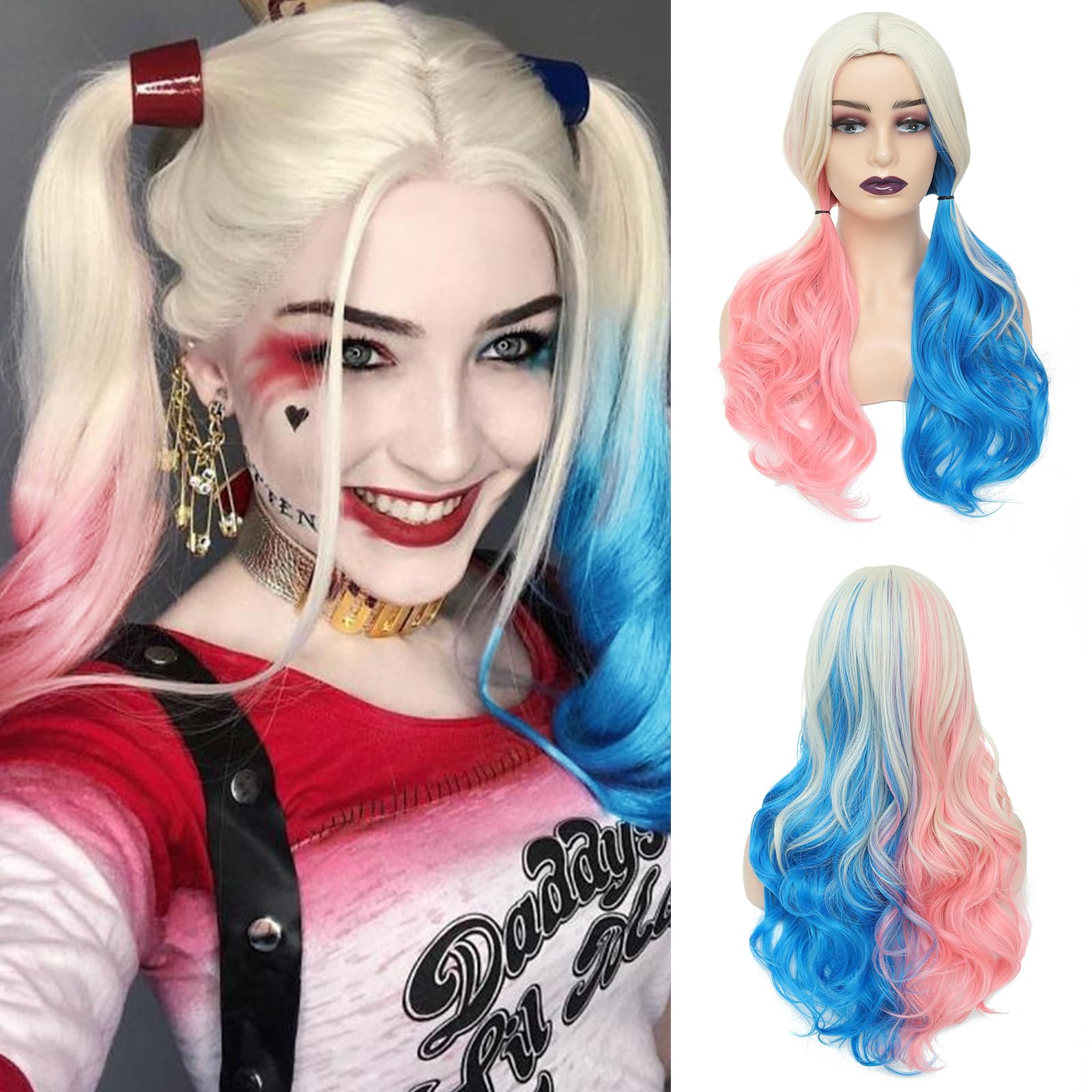 Photo 1 of WECAN Pink and Blue Long Curly Wigs for Women - Cosplay & Halloween Party - Synthetic Fibers - Suicide Squad Harley Quinn Wig