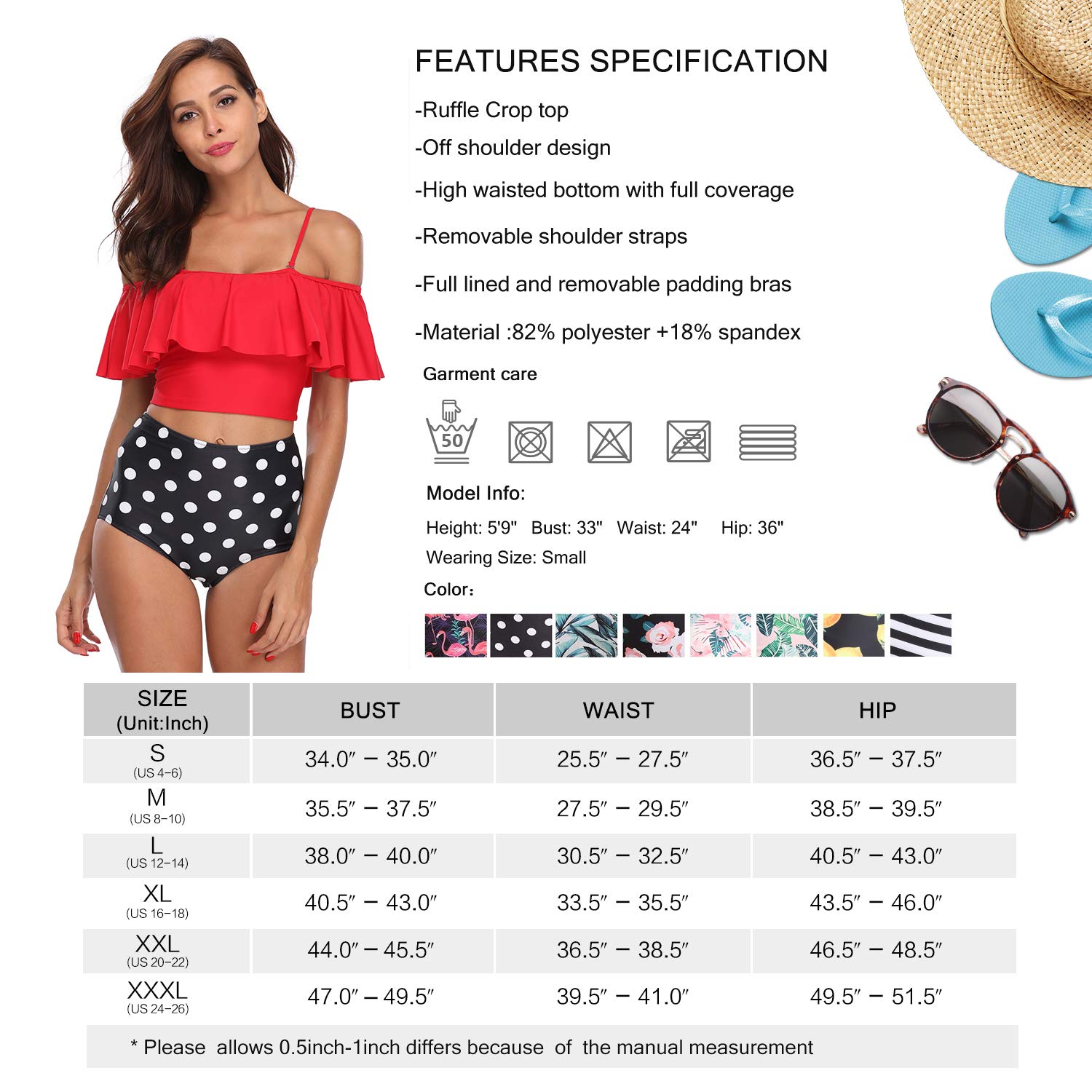 MarinaVida Women Off Shoulder Ruffle Swimsuit Crop Top Two Piece Bathing Suit