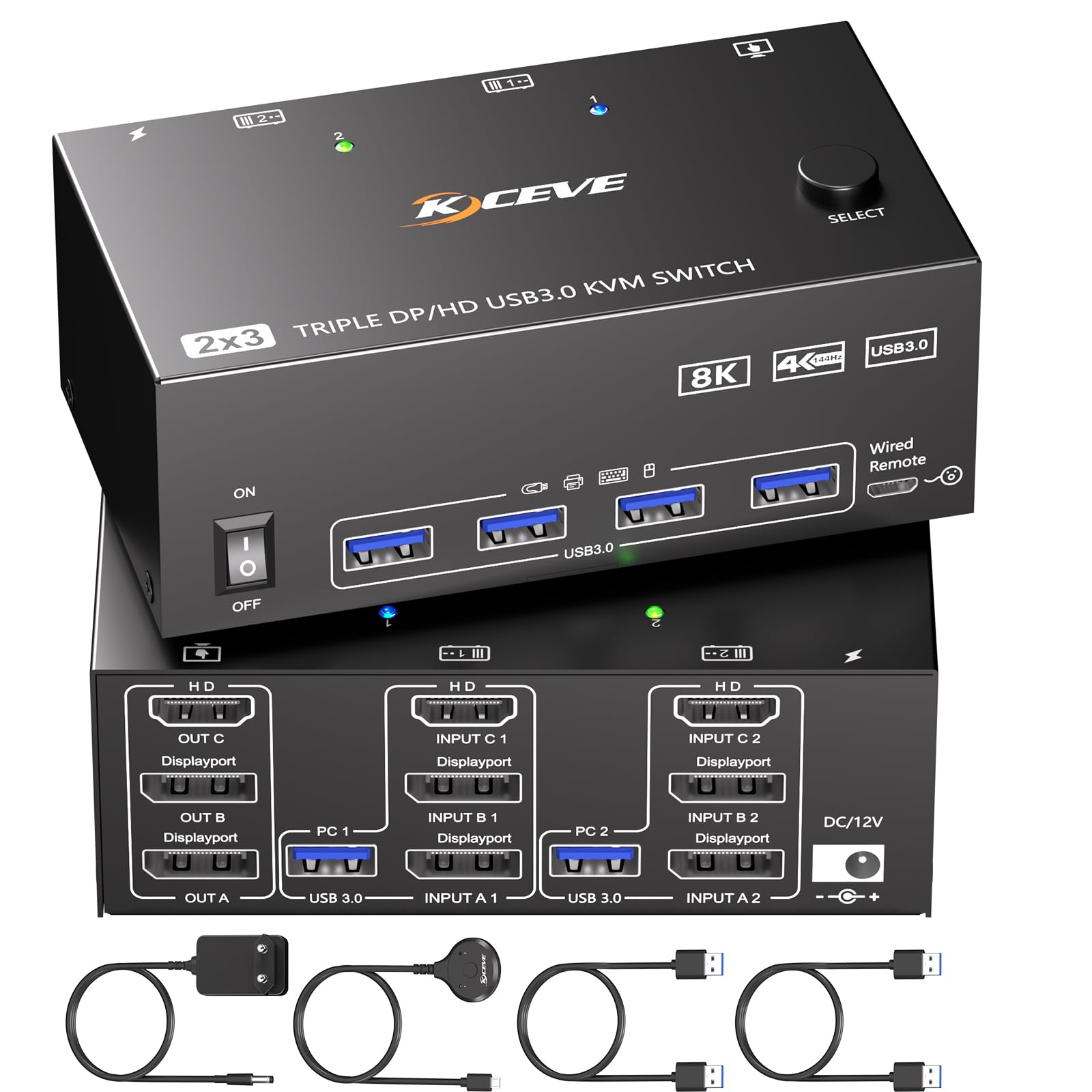 KVM Switch 2 PC 3 Monitore 8K@60Hz,MLEEDA HDMI Displayport KVM Switch Triple Monitor für 2 PC Teilen 3 Monitors und 4 USB3.0-Geräte, mit 12V DC Netzteil,Verdrahtet Fernbedienung und 2 USB-Kabel