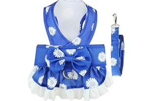 BAEJMJK Dog Dress Harness and Leash Set for Small Dogs Floral Bow Tie Girl Puppy Dress Breathable Cute Princess Dog Dresses Spring Summer Pet Cat Clothes Skirt(Dark Blue,X-Small)
