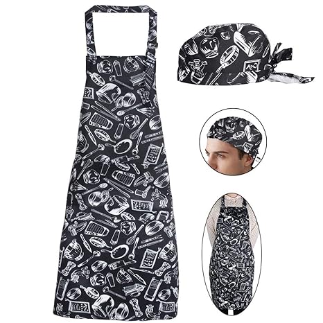 JNCH Verstellbare Schürze Kochschürze mit 2 Taschen Küchenschürze Grillschürze Latzschürze Barbequeschürze mit Hut für Männer